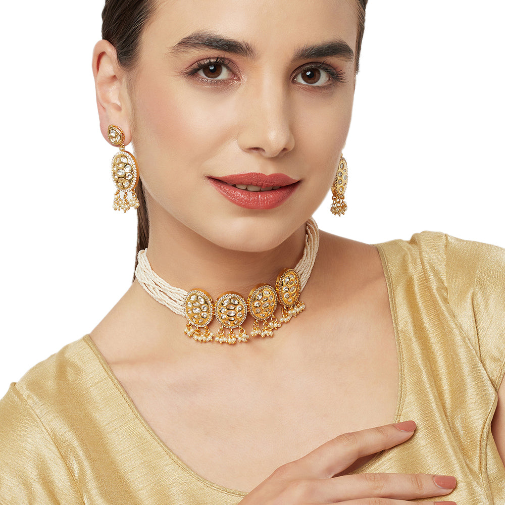 Faux Kundan and Pearls Embellished Gold Plated Traditional Jewellery Set