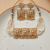 Cluster Setting Faux Kundan and White Pearls Adorned Gold Plated Brass Jewellery Set