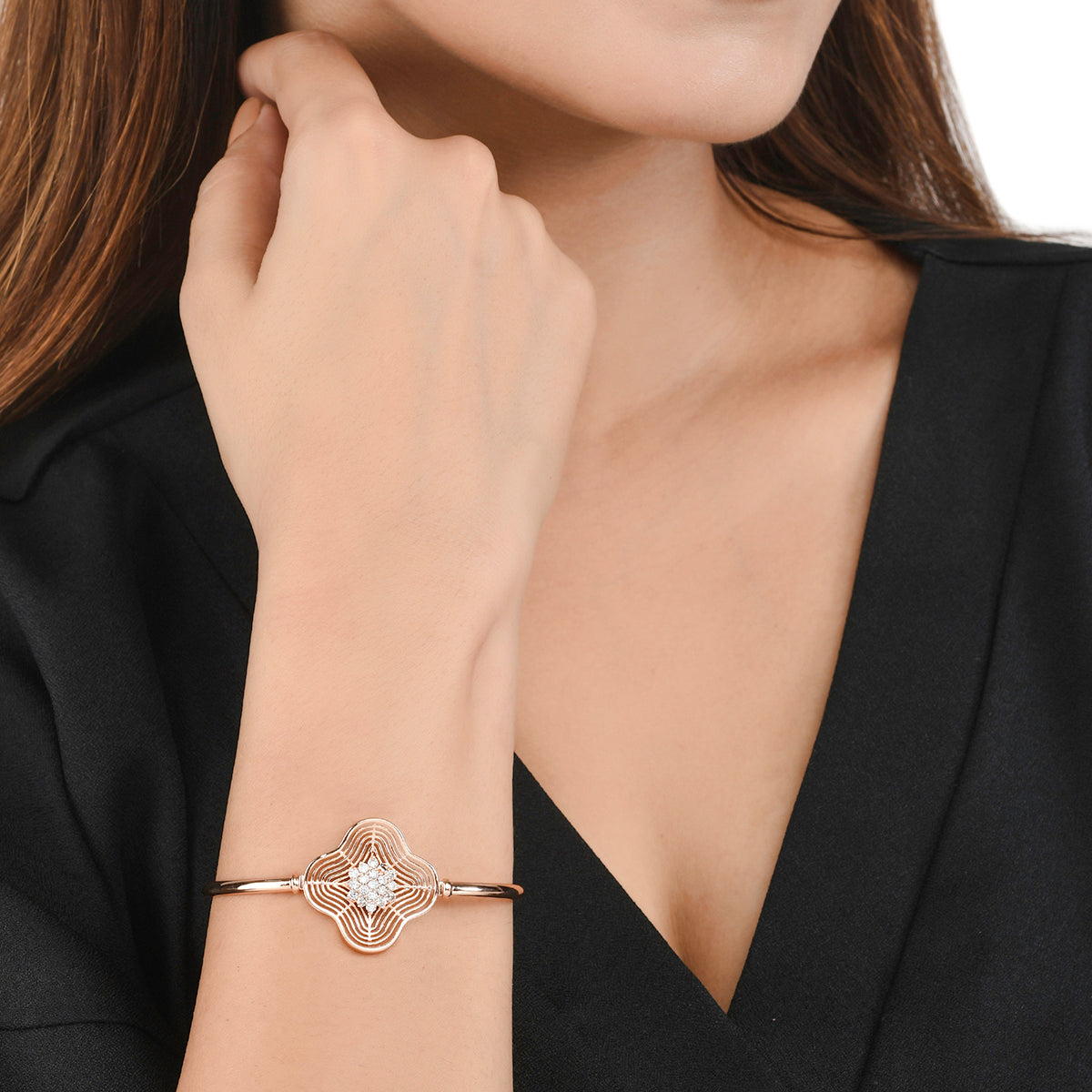 Sparkling Elegance Floral Cutwork Design Zircons Adorned Brass Rose Gold Plated Bracelet