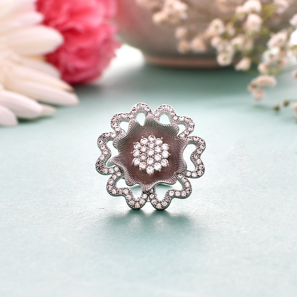 Sparkling Elegance Contemporary Floral Motif Ring