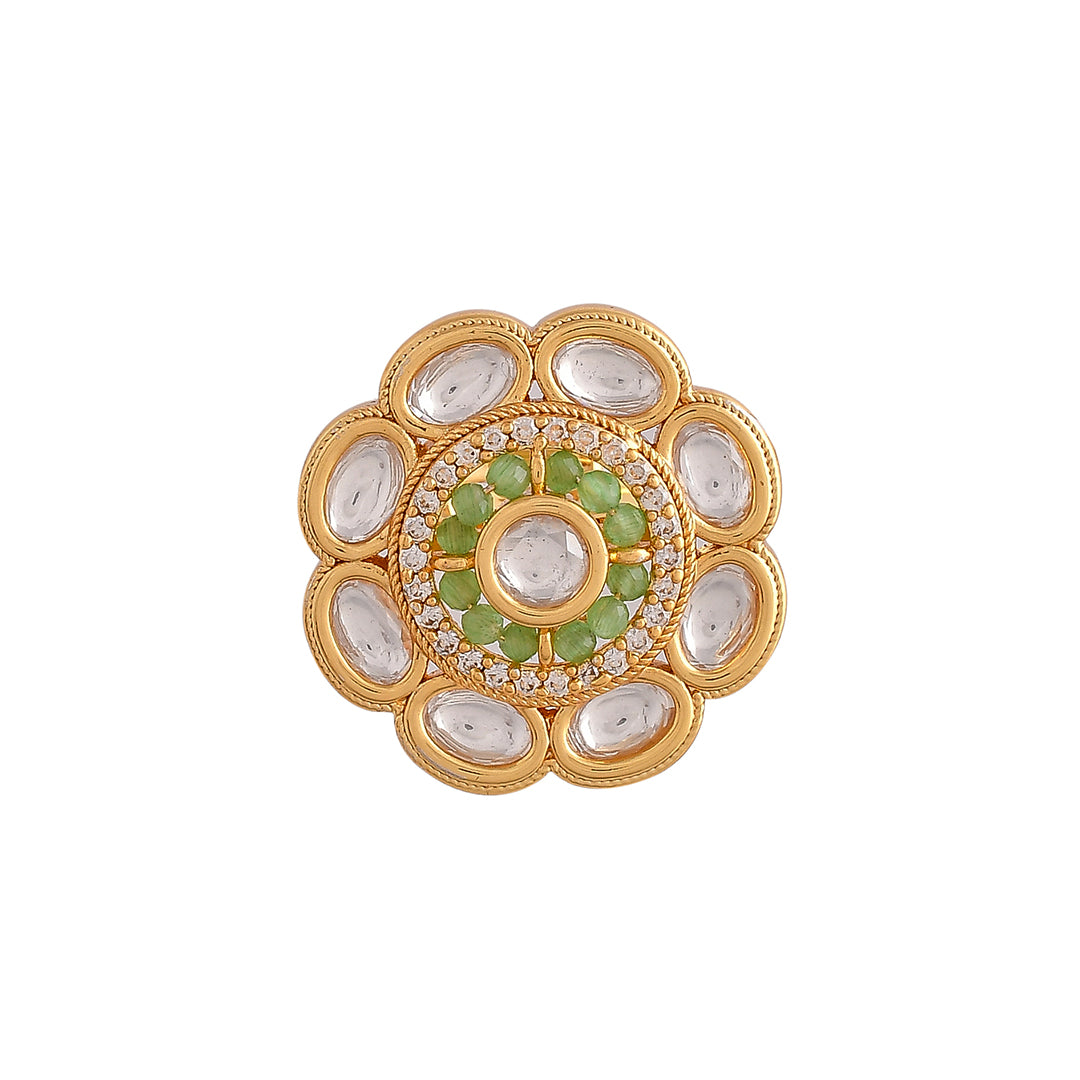 Kundan Elegance Oval Cut Faux Kundan Green Beads Traditional Ring