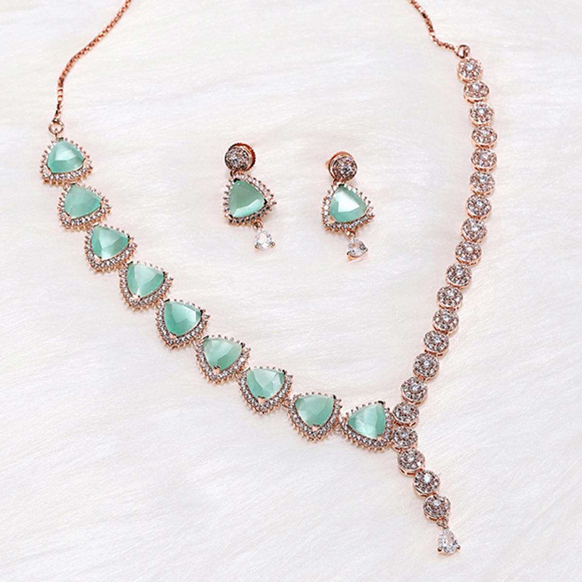CZ Rose Gold Plated Pearl Necklace Set with Green Stone