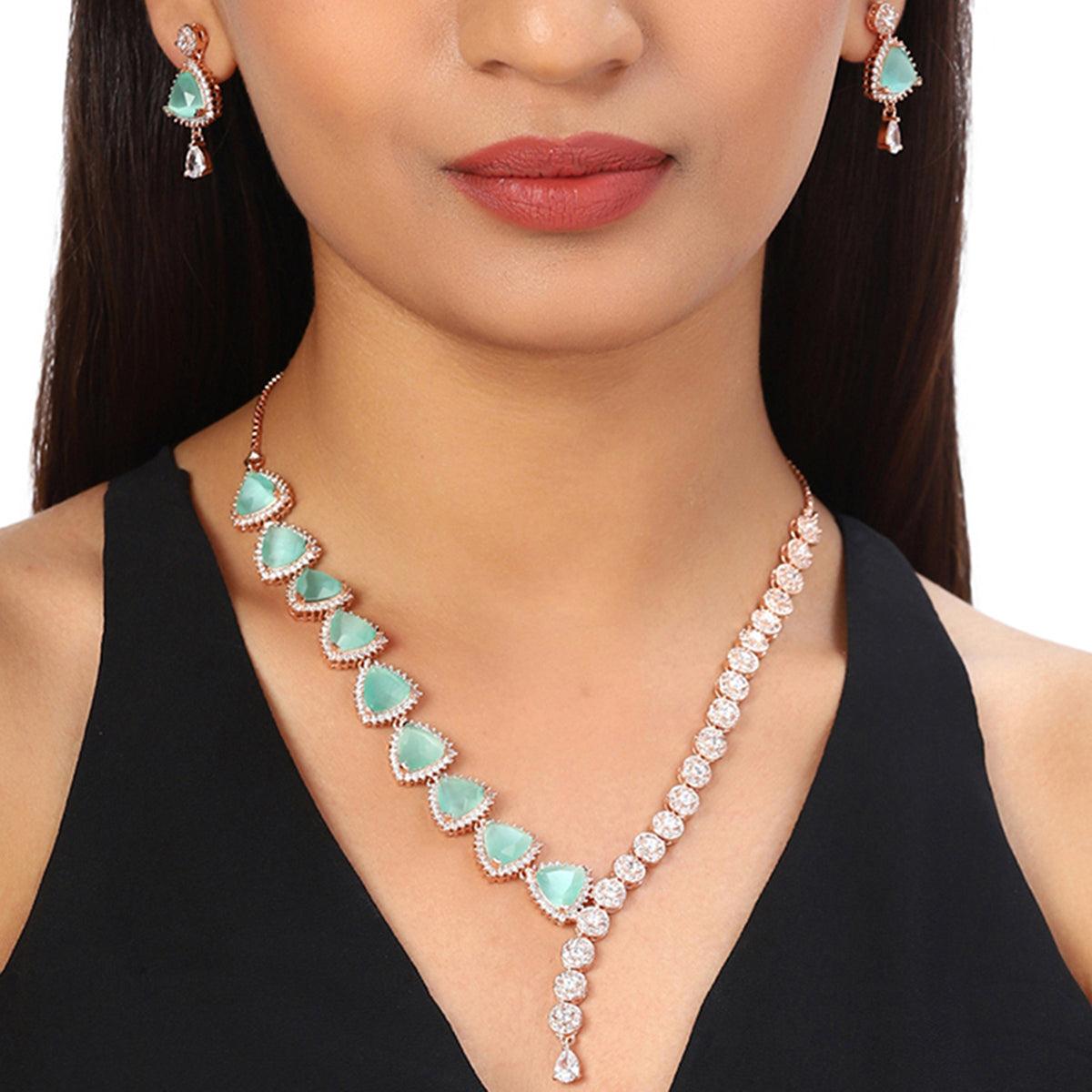CZ Rose Gold Plated Pearl Necklace Set with Green Stone