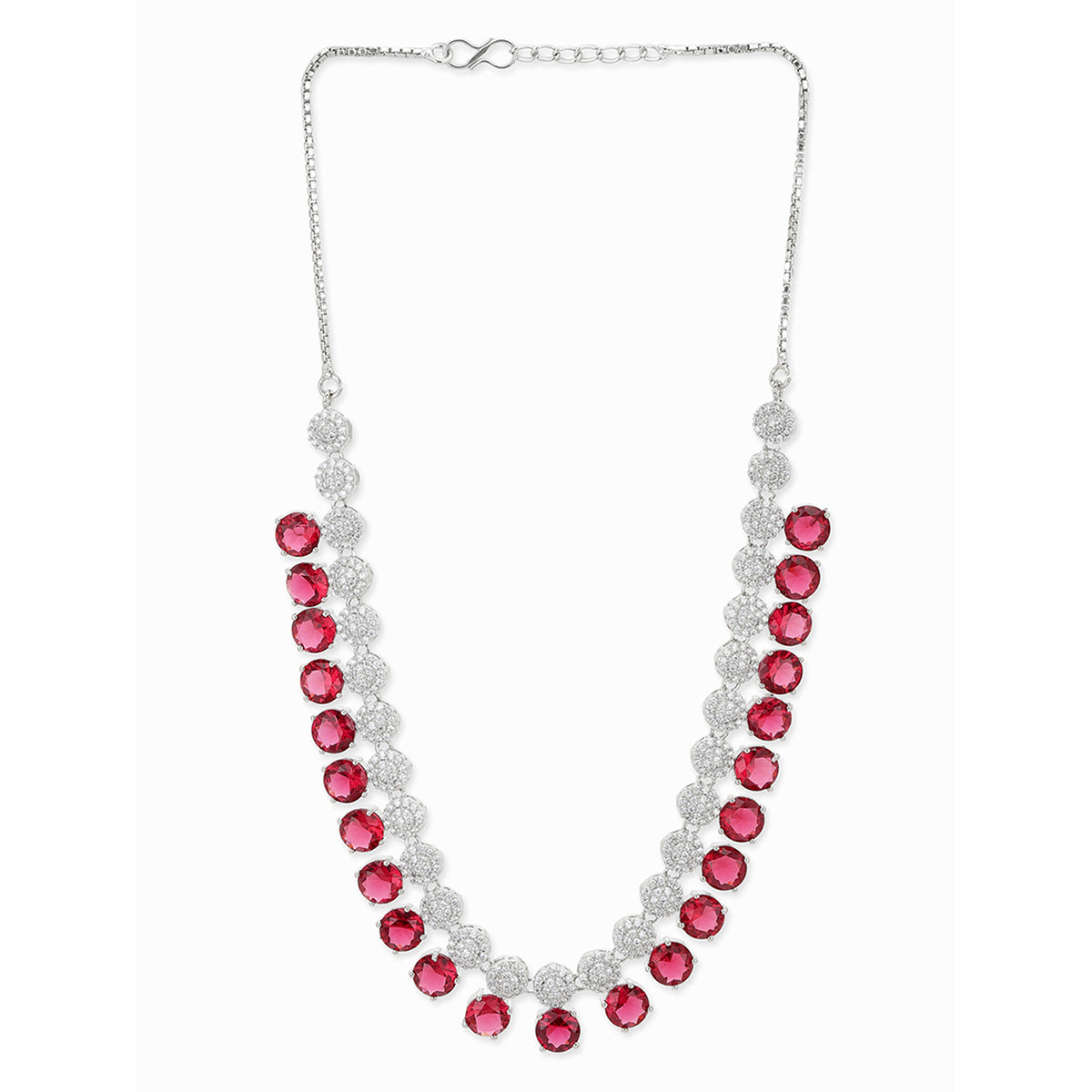CZ Silver Plated Necklace Set with Red Stones