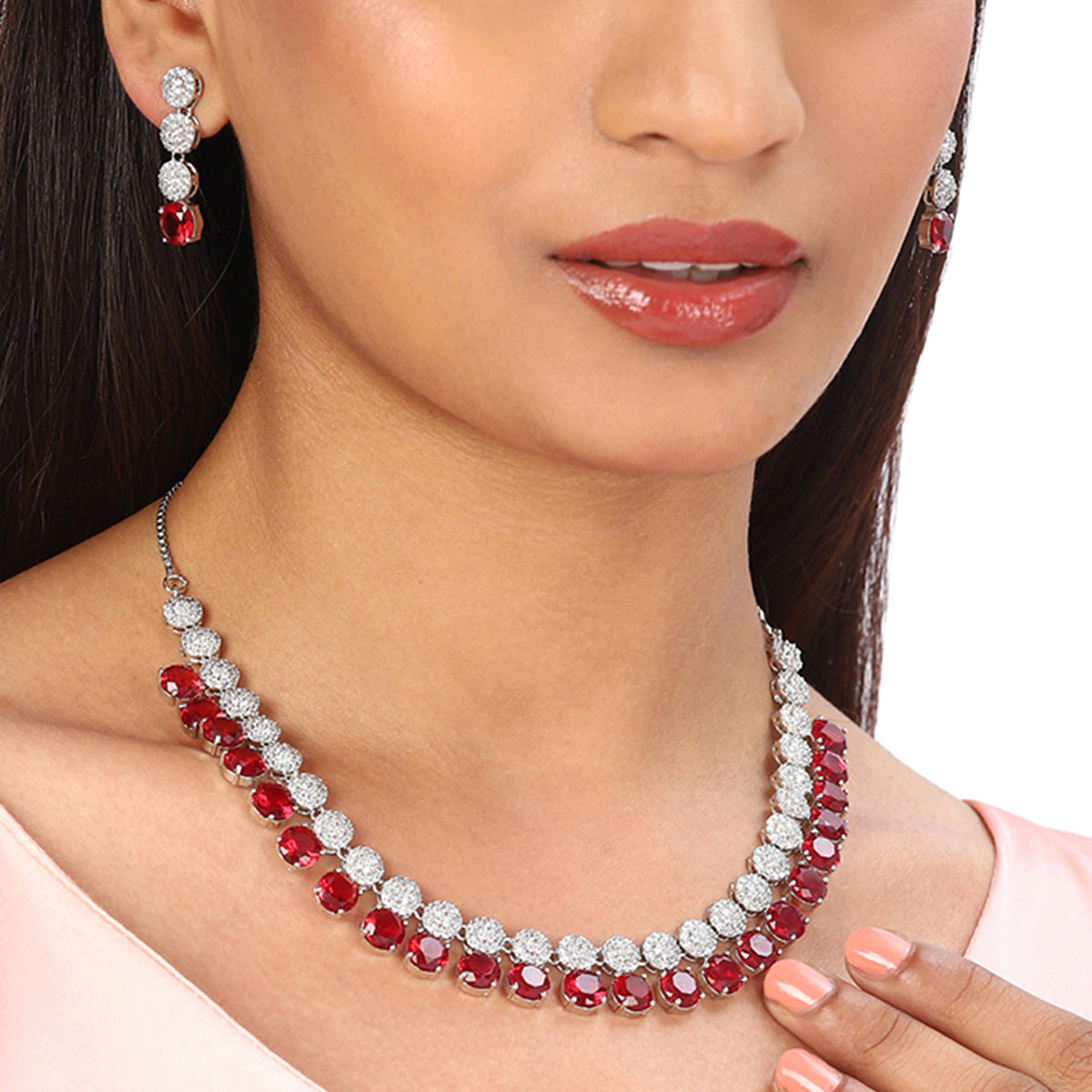 CZ Silver Plated Necklace Set with Red Stones