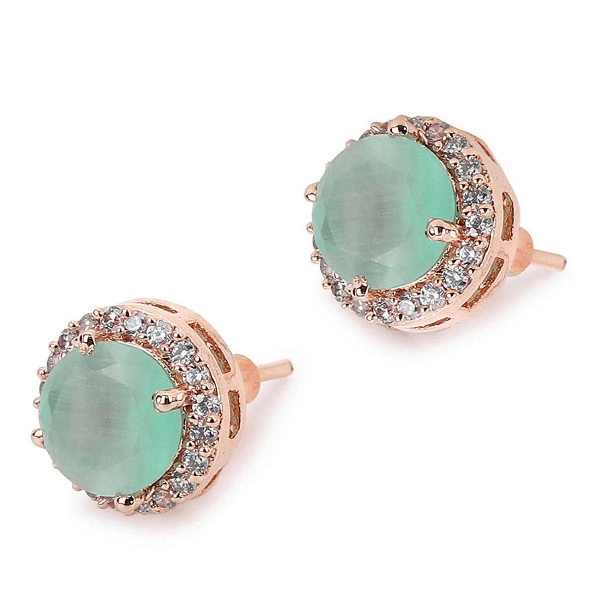 American Diamond CZ Rose Gold Brass Stud Earrings with Green Stone