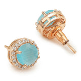 American Diamond CZ Rose Gold Brass Stud Earrings with Blue Stone