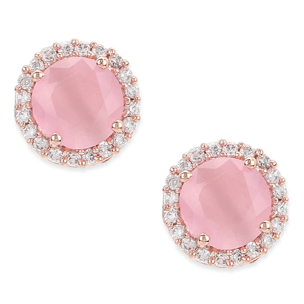 American Diamond CZ Rose Gold Brass Stud Earrings with Pink Stone