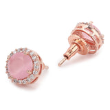 American Diamond CZ Rose Gold Brass Stud Earrings with Pink Stone