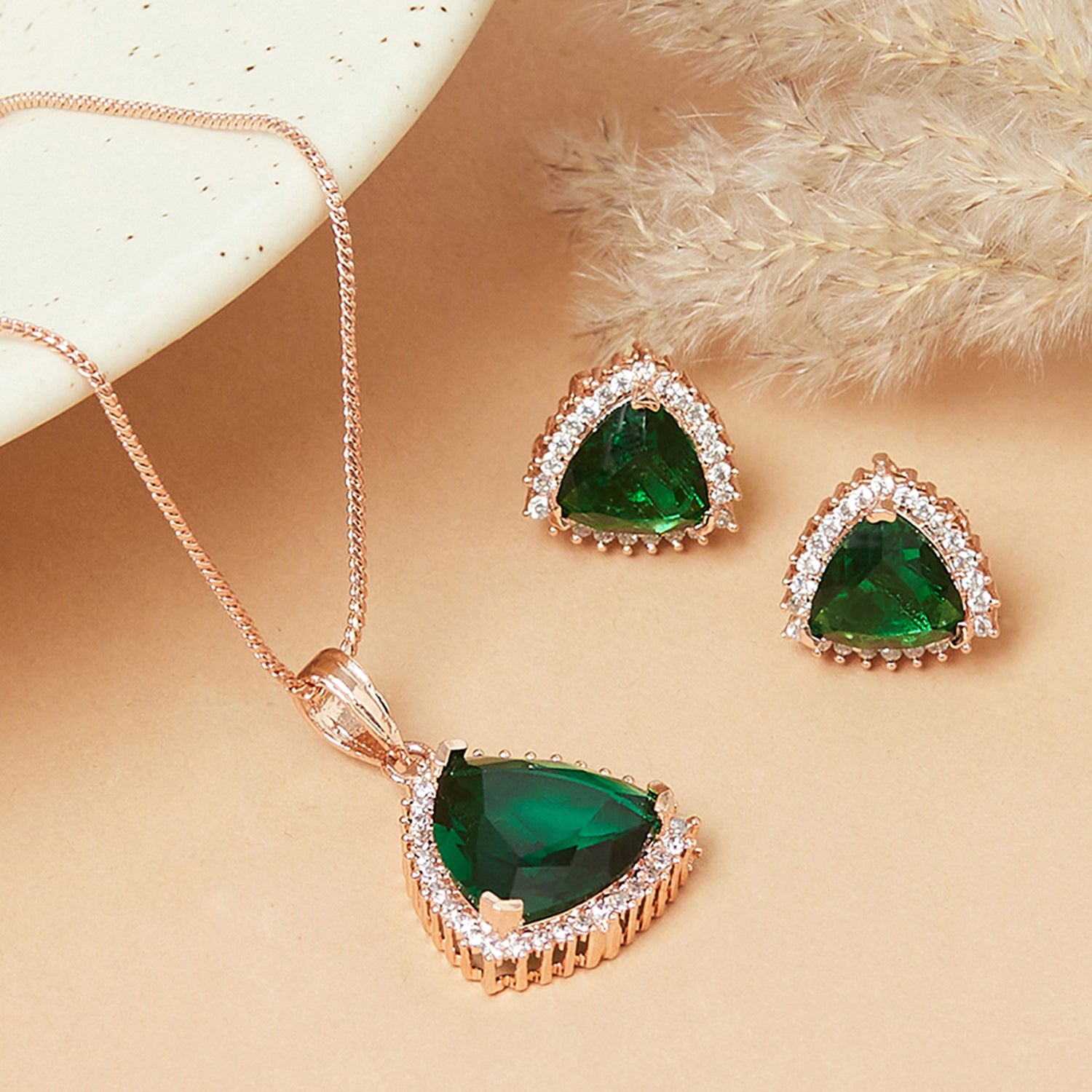 Brass Rose Gold Dark Green Gemstone Traditional And Classic Pendant Sets