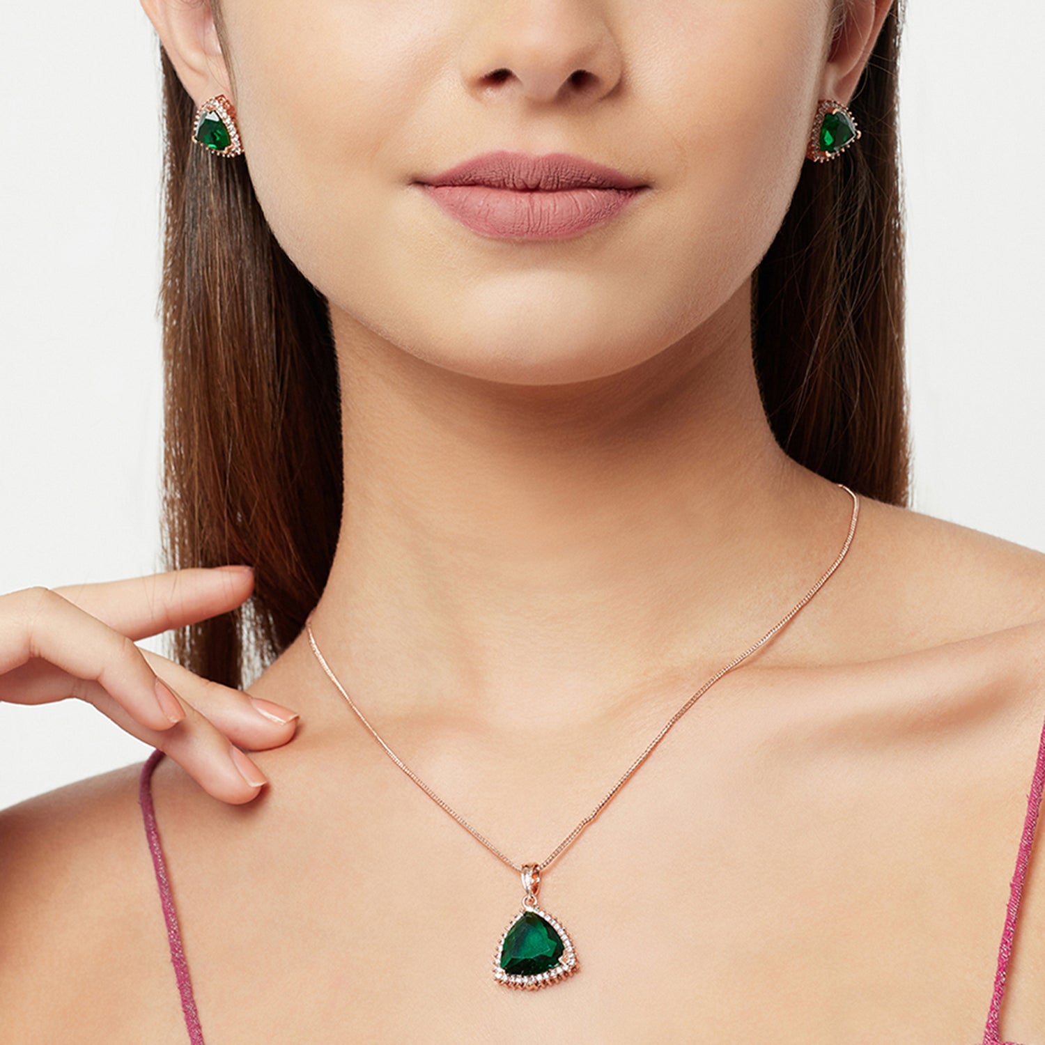 Brass Rose Gold Dark Green Gemstone Traditional And Classic Pendant Sets