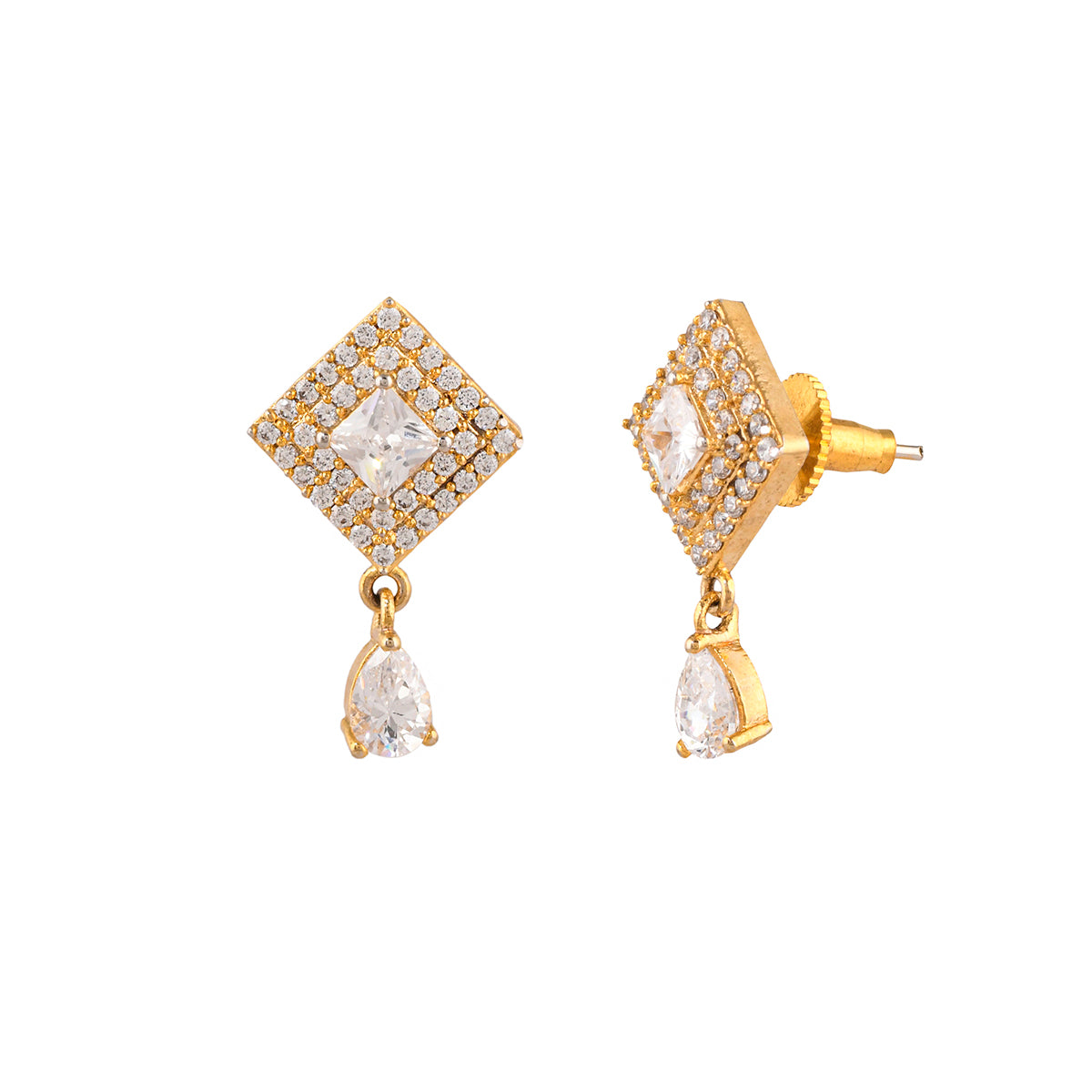 Sparkling Elegance Rectangle and Teardrop Zircons Adorned Gold Plated Brass Earrings