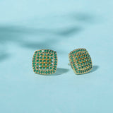 Sparkling Elegance Green Round Cut CZ Adorned Brass Gold Plated Square Earrings