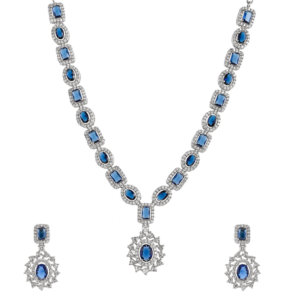 Sparkling Elegance Royal Blue and White CZ Brass Silver Plated Jewellery Set