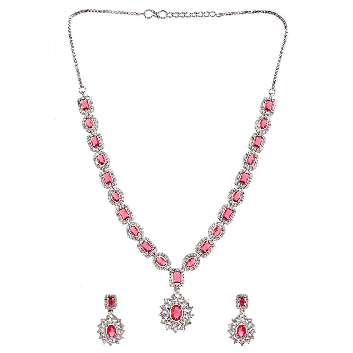 Sparkling Elegance Oval and Square Cut Zircons Adorned Brass Silver Plated Jewellery Set