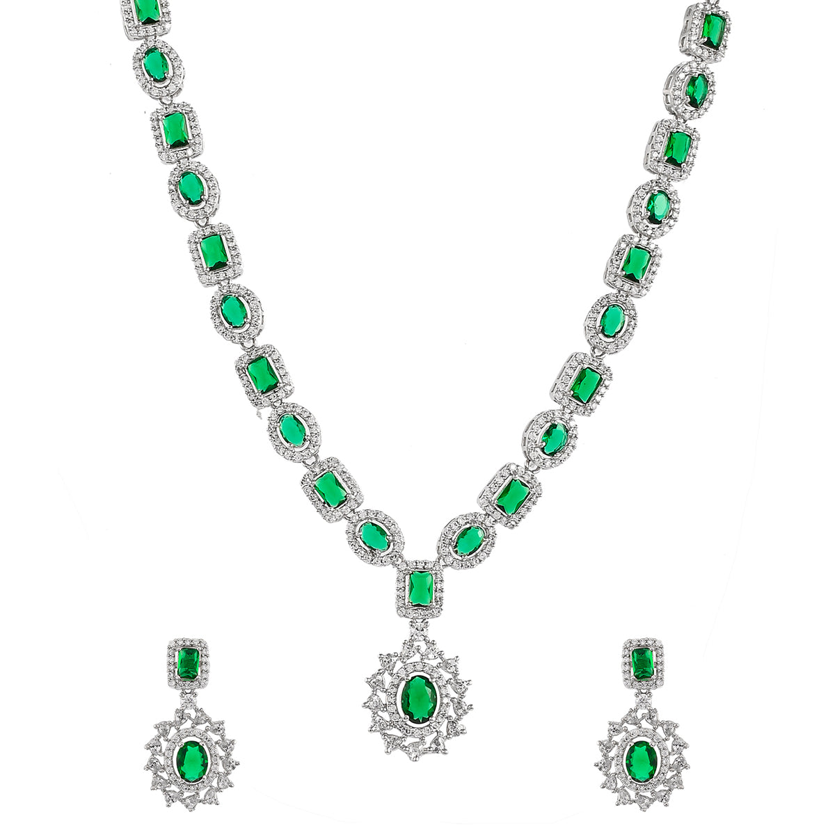 Sparkling Elegance Green and White CZ Brass Silver Plated Jewellery Set
