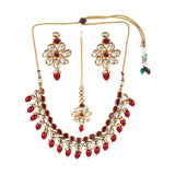 Kundan Gold Plated Necklace Set with Red Stones and Beads