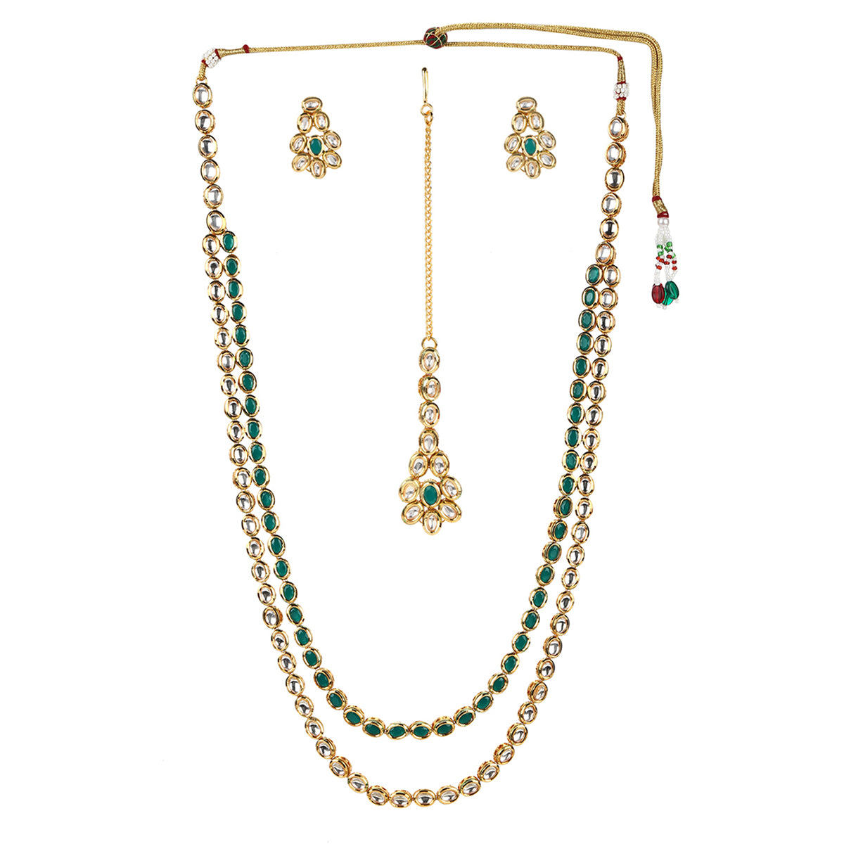 Kundan Gold Plated Long Necklace Set with Green Stones