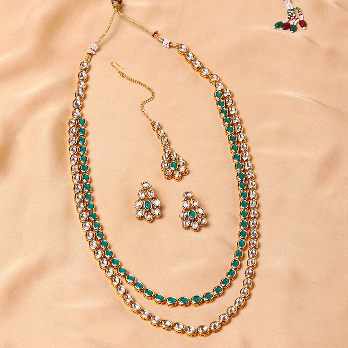 Kundan Gold Plated Long Necklace Set with Green Stones