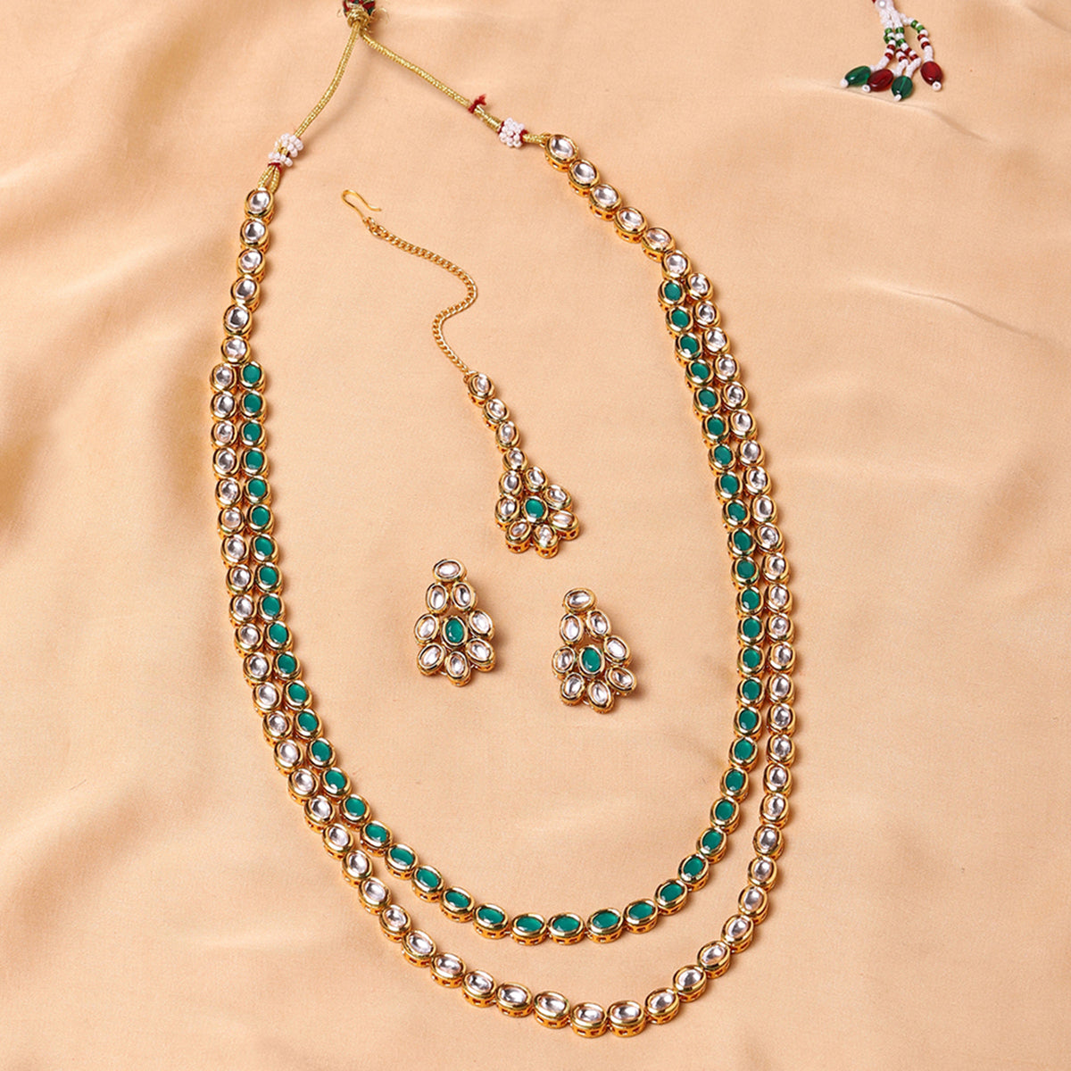 Kundan Gold Plated Long Necklace Set with Green Stones – VOYLLA