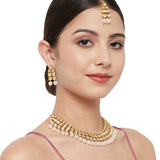 Studded Classic Yellow Gold Plated Maang Tika Set with Pink Beads