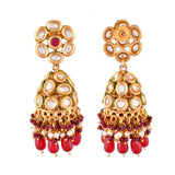 Kundan Elegance Pearl and Red Beads Faux Kundan Jhumka Earrings