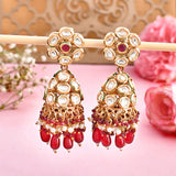 Kundan Elegance Pearl and Red Beads Faux Kundan Jhumka Earrings