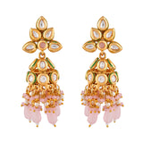 Kundan Elegance Pearl and Pink Beads Faux Kundan Jhumka Earrings