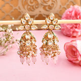 Kundan Elegance Pearl and Pink Beads Faux Kundan Jhumka Earrings