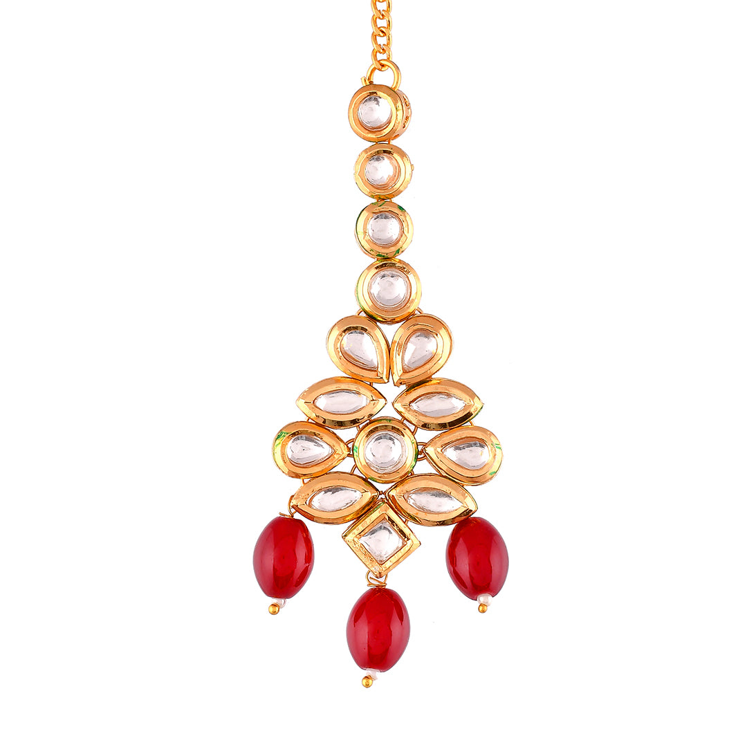 Kundan Elegance Red Beads and Faux Kundan Opulent Maang Tika Set