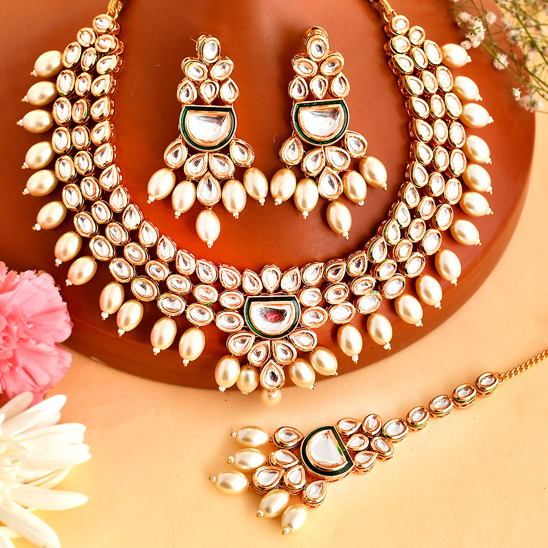 Kundan Elegance Pearl Beads and Faux Kundan Opulent Maang Tika Set