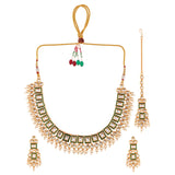 Kundan Elegance Pearl Beads and Faux Kundan Enamelled Maang Tika Set