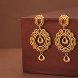 Traditional Kundan Adorned Cutwork Design Brass Gold Plated Drop Earrings