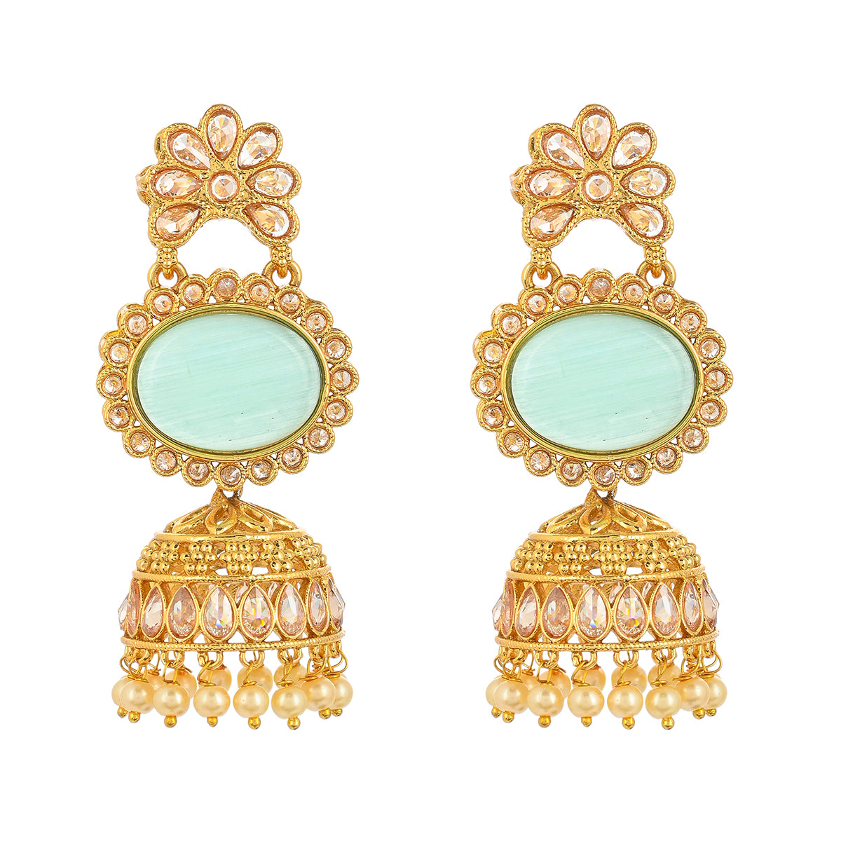 Teardrop Kundan and Faux Pearls Gold Plated Brass Jhumka Earrings