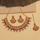 Gold Opulence Gold Finish Maang Tika Set with Maroon and Green Colours