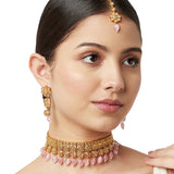 Gold Opulence Choker Style Necklace with Dangling Earrings and Tika