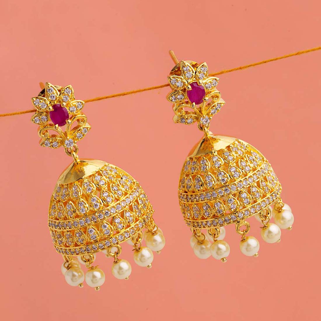 Kundan Elegance Pearl and Red Beads Faux Kundan Jhumka Earrings – VOYLLA