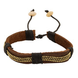 brown pu leather bracelet adorned with twisted black thread and tiny golden beads