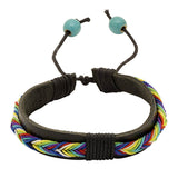 black pu leather band bracelet with twisted multicoloured thread designing