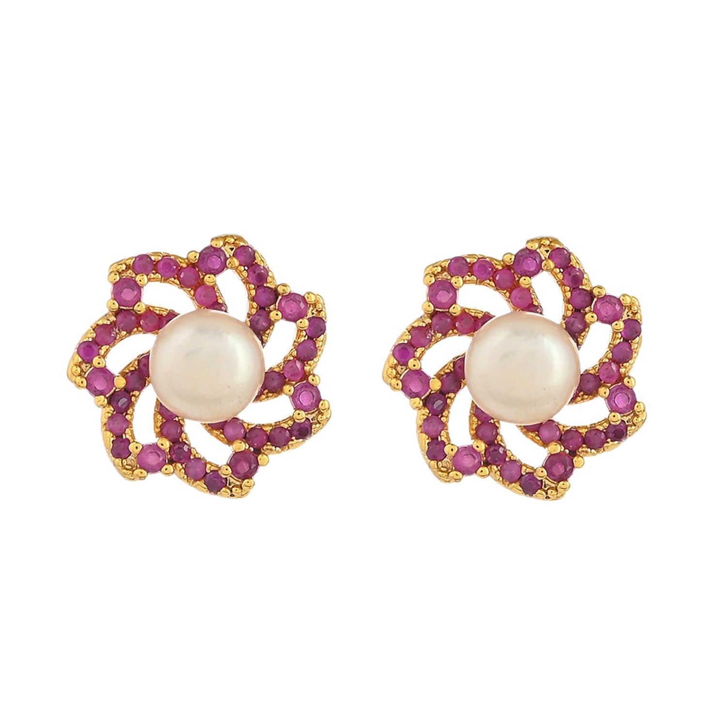 Gold Plated Faux Pearls and CZ Adorned Brass Stud Earrings