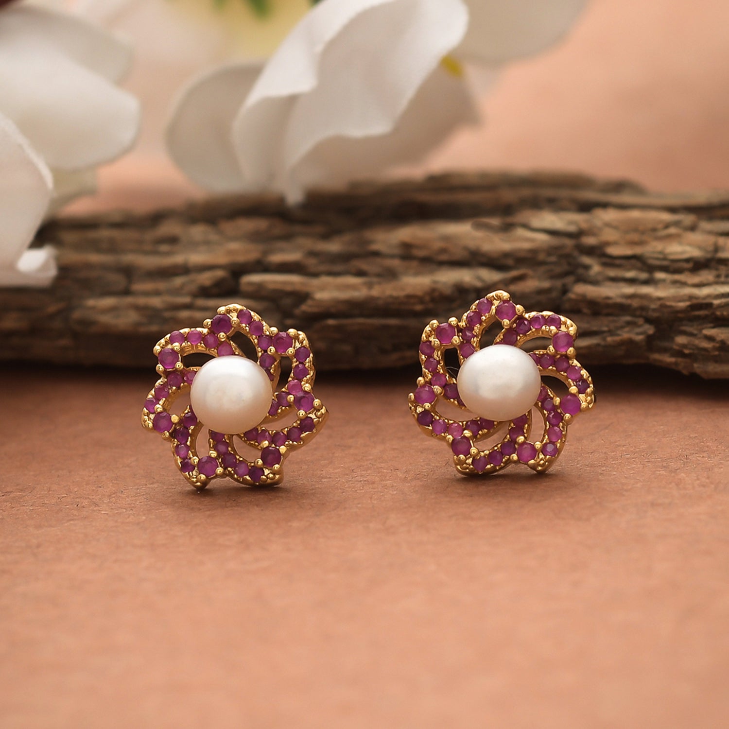 Gold Plated Faux Pearls and CZ Adorned Brass Stud Earrings
