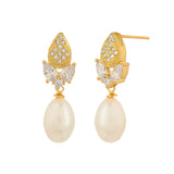 Teardrop CZ and Faux Pearls Gold Plated Brass Earrings