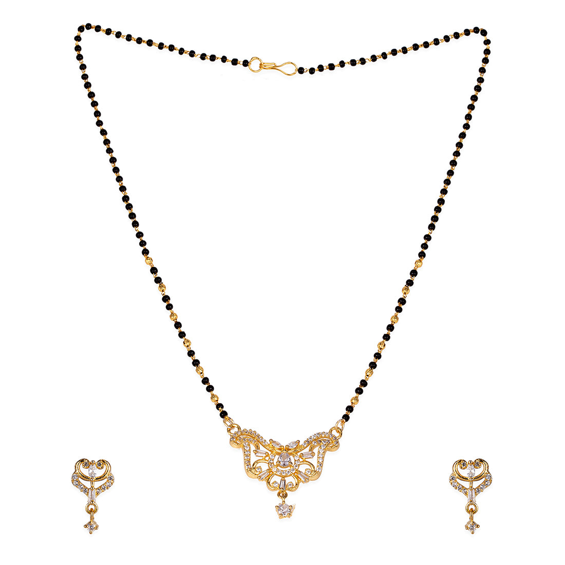 American Diamond CZ Traditional Golden Brass Black Beaded Mangalsutra with Earrings