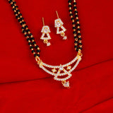 American Diamond CZ Traditional Golden Brass Black Beaded Mangalsutra with Earrings