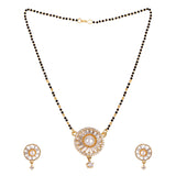 American Diamond Traditional Golden Brass Black Beaded Mangalsutra with Earrings