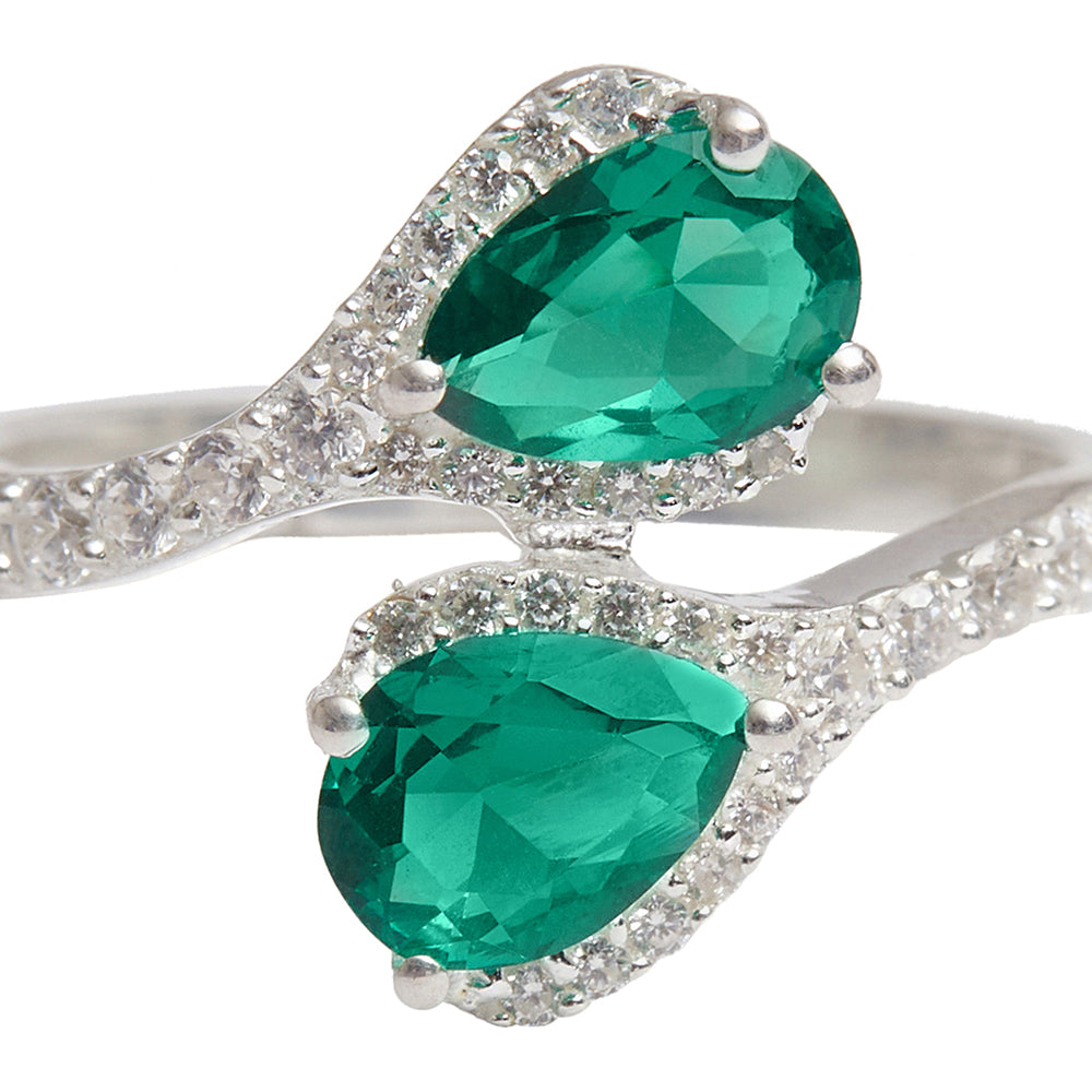 Sterling Silver Ladies Cubic Zirconia Emerald Green Adjustable Ring