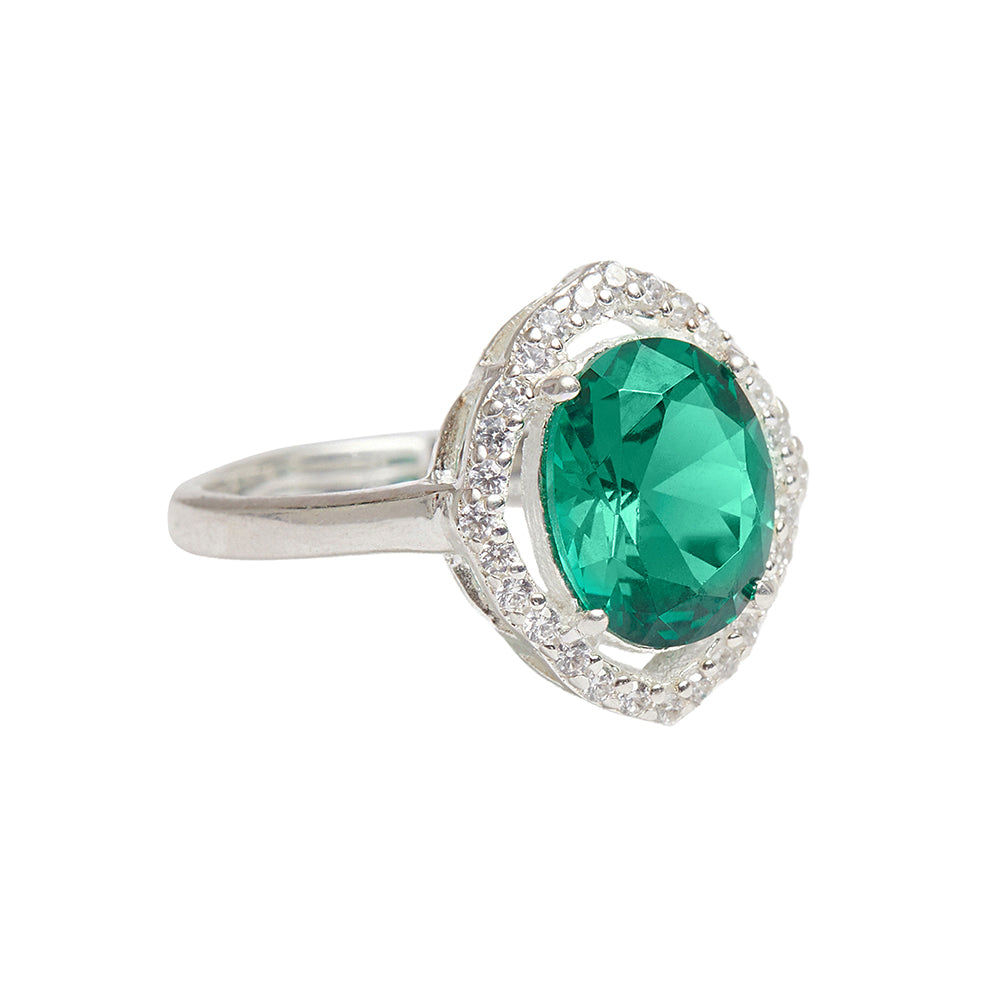 Emerald CZ Halo Ring in 925 Sterling Silver Adjustable Band