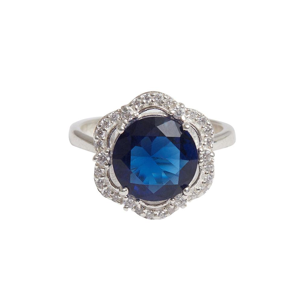 Round Cut Sapphire 925 Sterling Silver Silver Toned Ring
