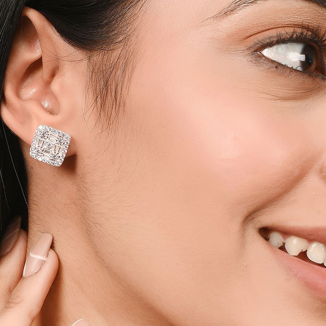 Square Shaped Stud Earrings Decked With CZ