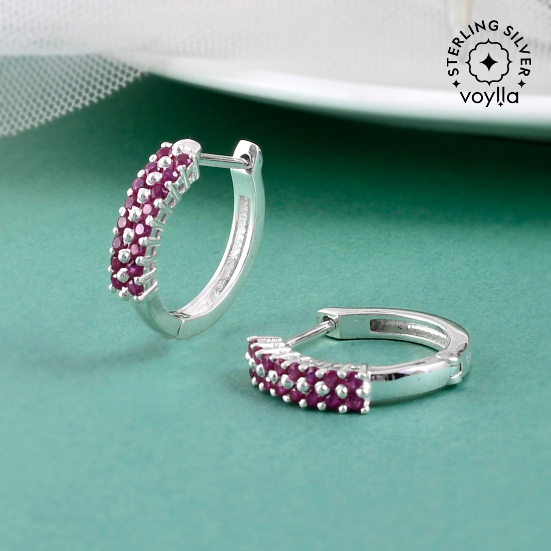 925 Sterling Silver Small Hoop Earring Studded With Pink Stone